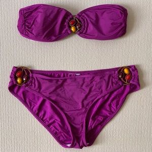 Purple Two Piece Bathing Swim Suit With Brass And Gemstone Accents,  Sz S